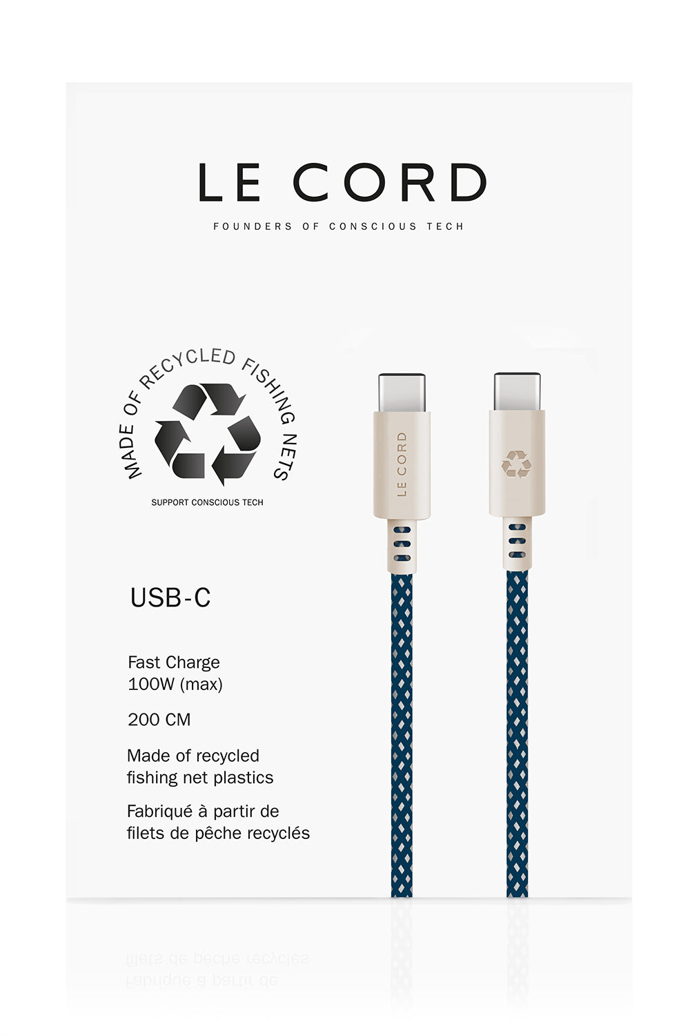 USB Sea Blue · Type C · 100W · 2 meter · Made of recycled fishing nets-0